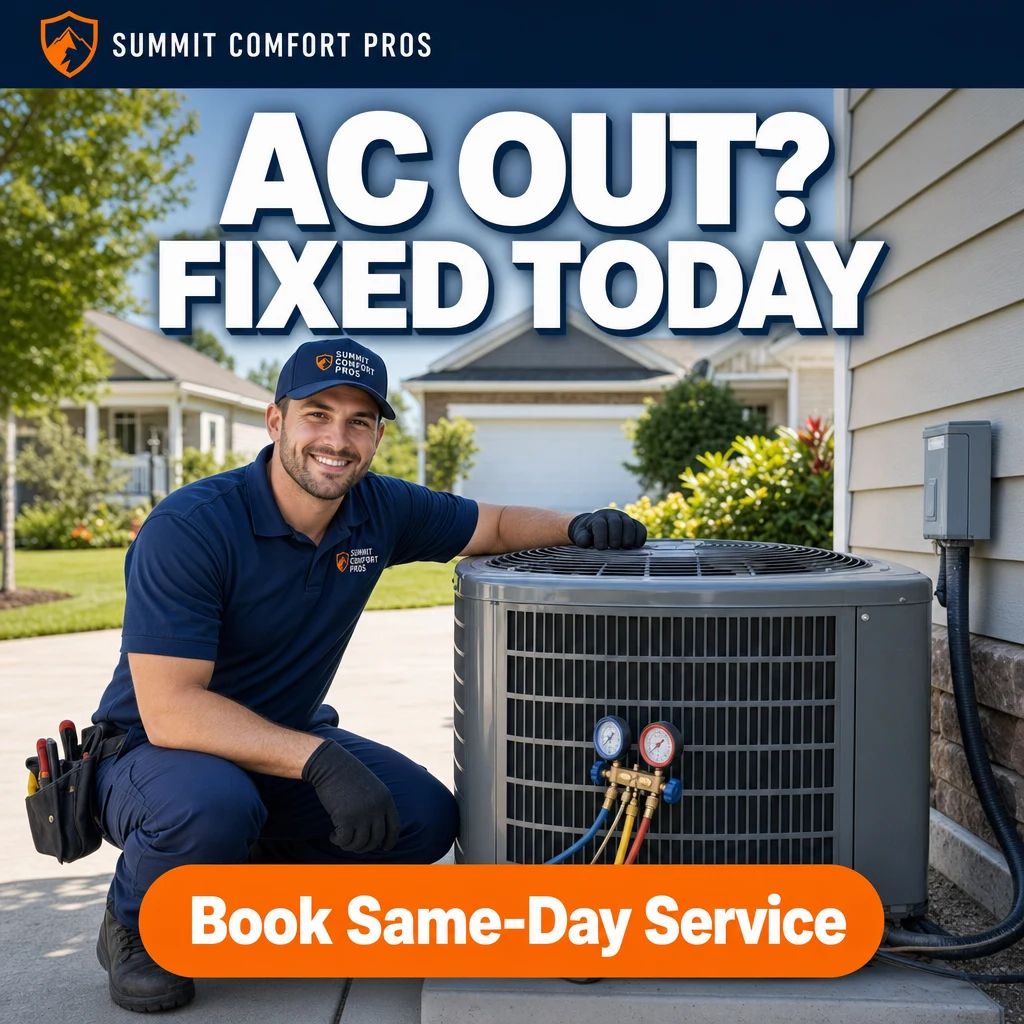 Facebook ad creative: "AC Out? Fixed Today" with a Summit Comfort Pros technician beside an AC unit and a Book Same-Day Service button.