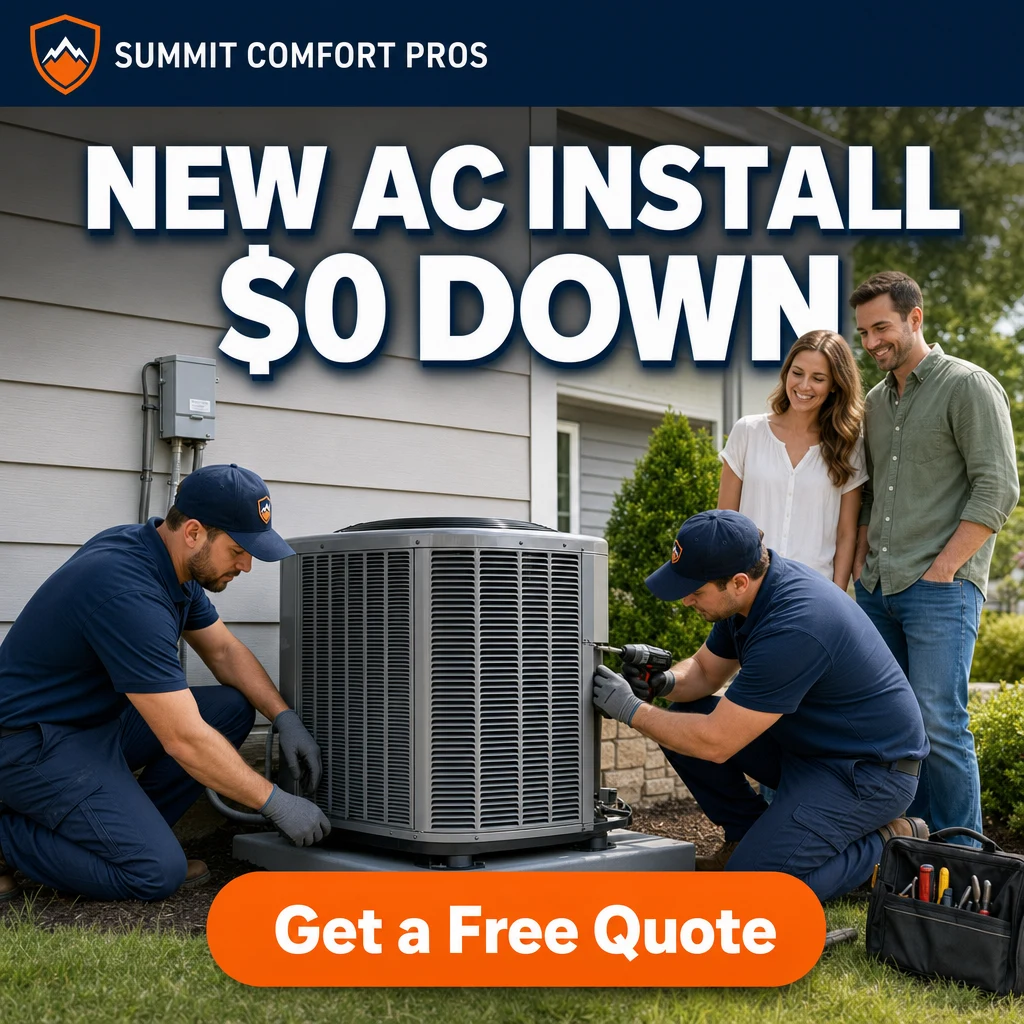 Facebook ad creative: "New AC Install $0 Down" with technicians installing a new condenser for a homeowner and a Get a Free Quote button.