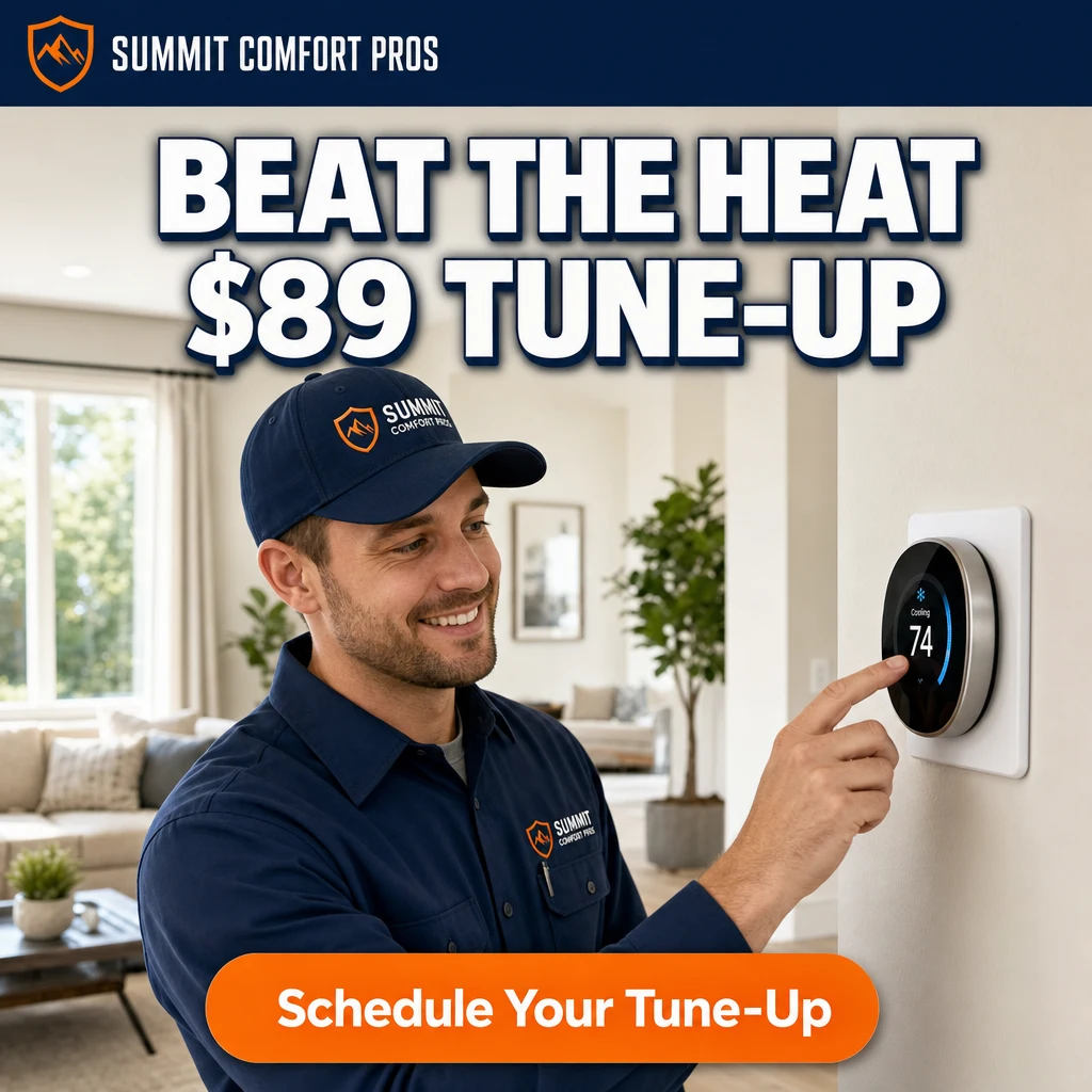 Facebook ad creative: "Beat the Heat $89 Tune-Up" with a technician adjusting a smart thermostat and a Schedule Your Tune-Up button.