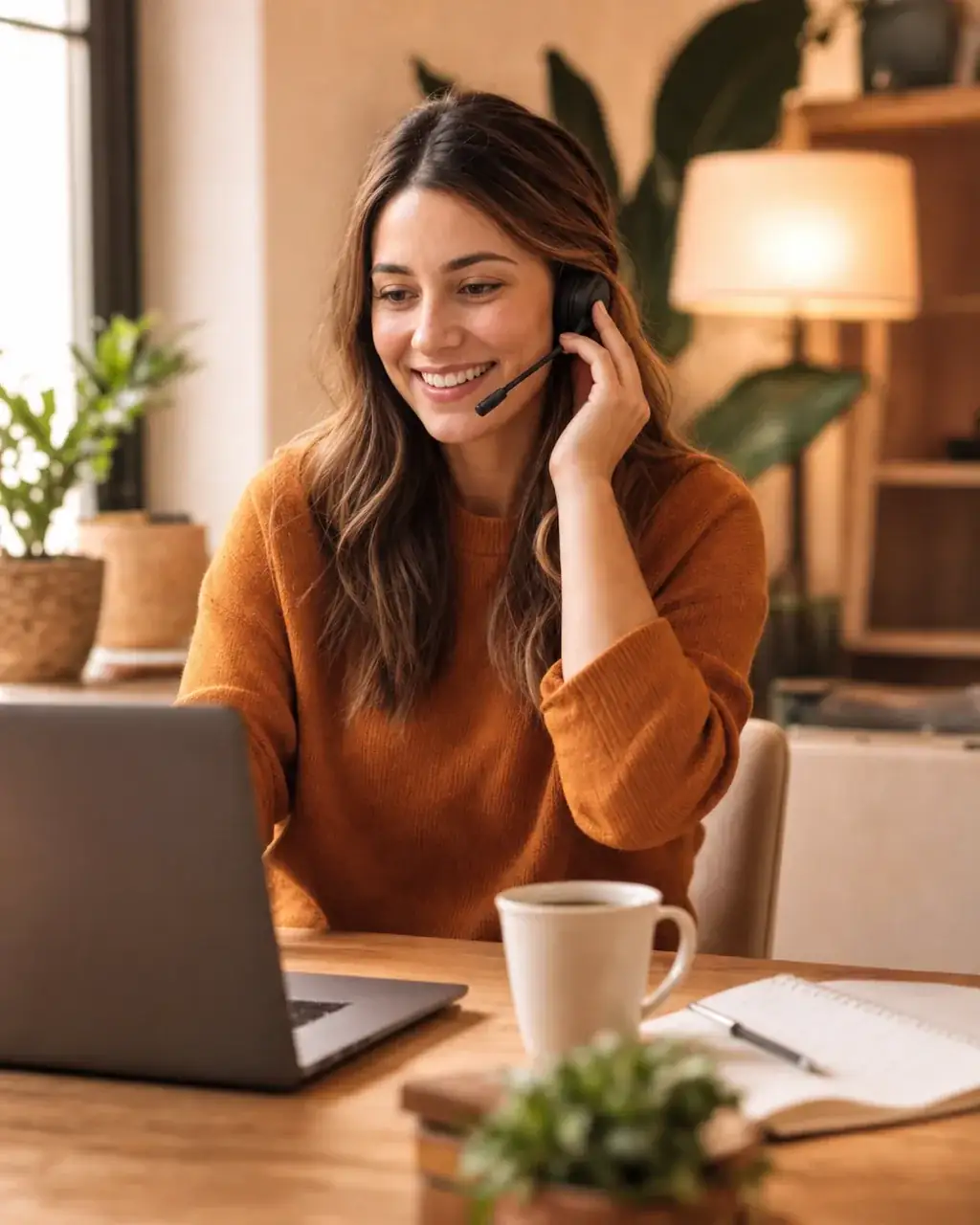 Service Hero strategist smiling on a headset call at a warm, sunlit desk