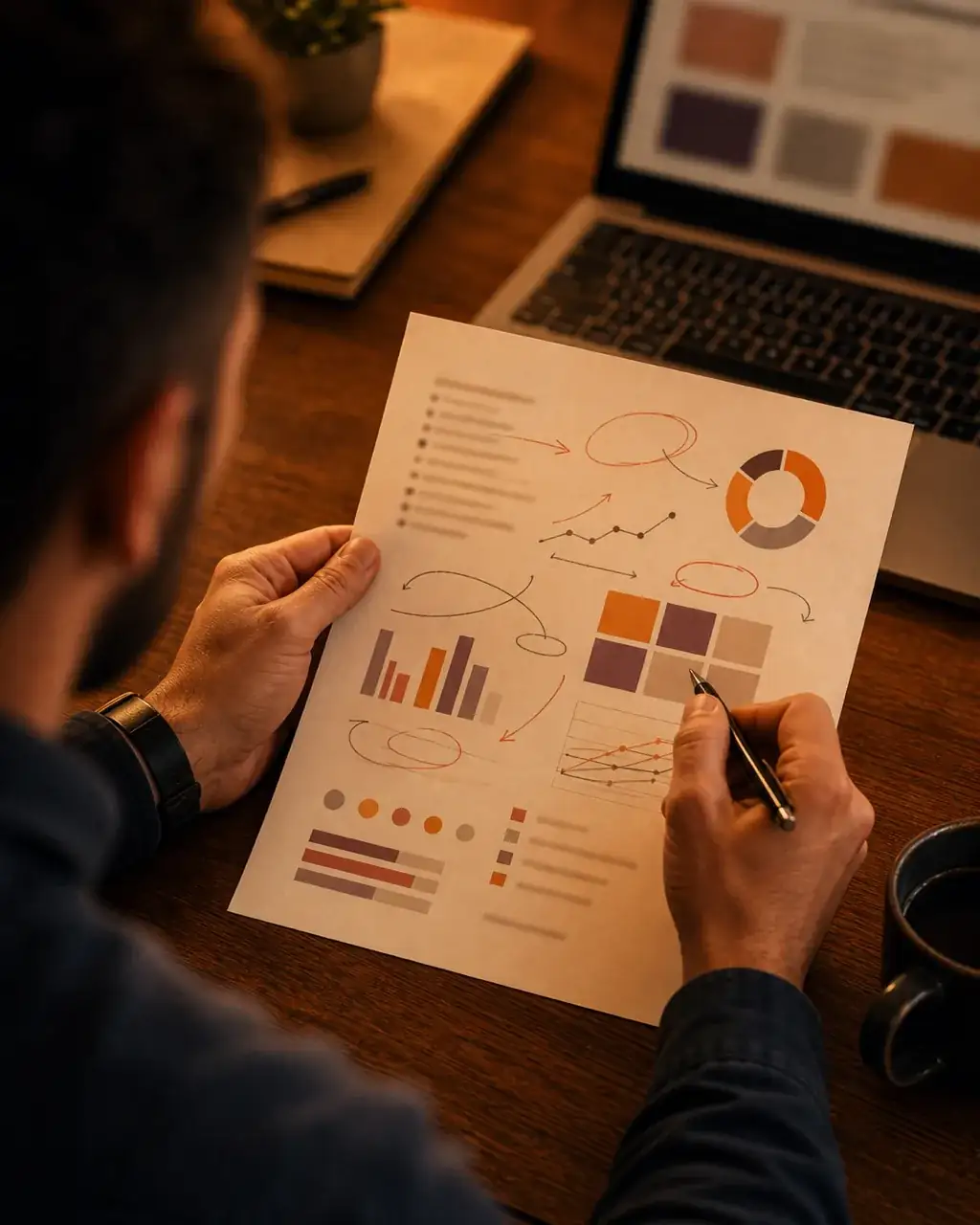 Hands reviewing a printed marketing game plan with charts beside a laptop