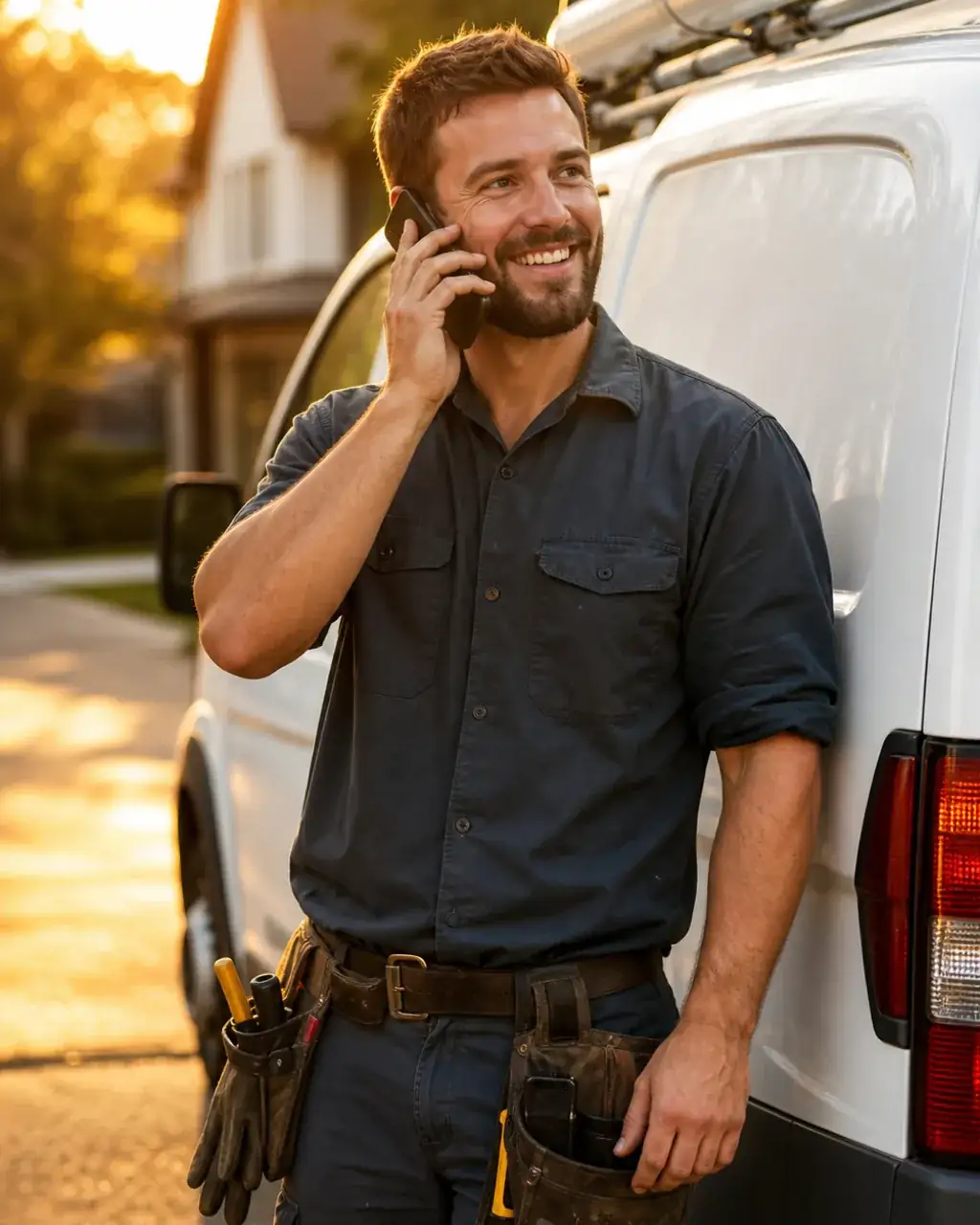 Technician smiling while answering his phone next to his service van at golden hour